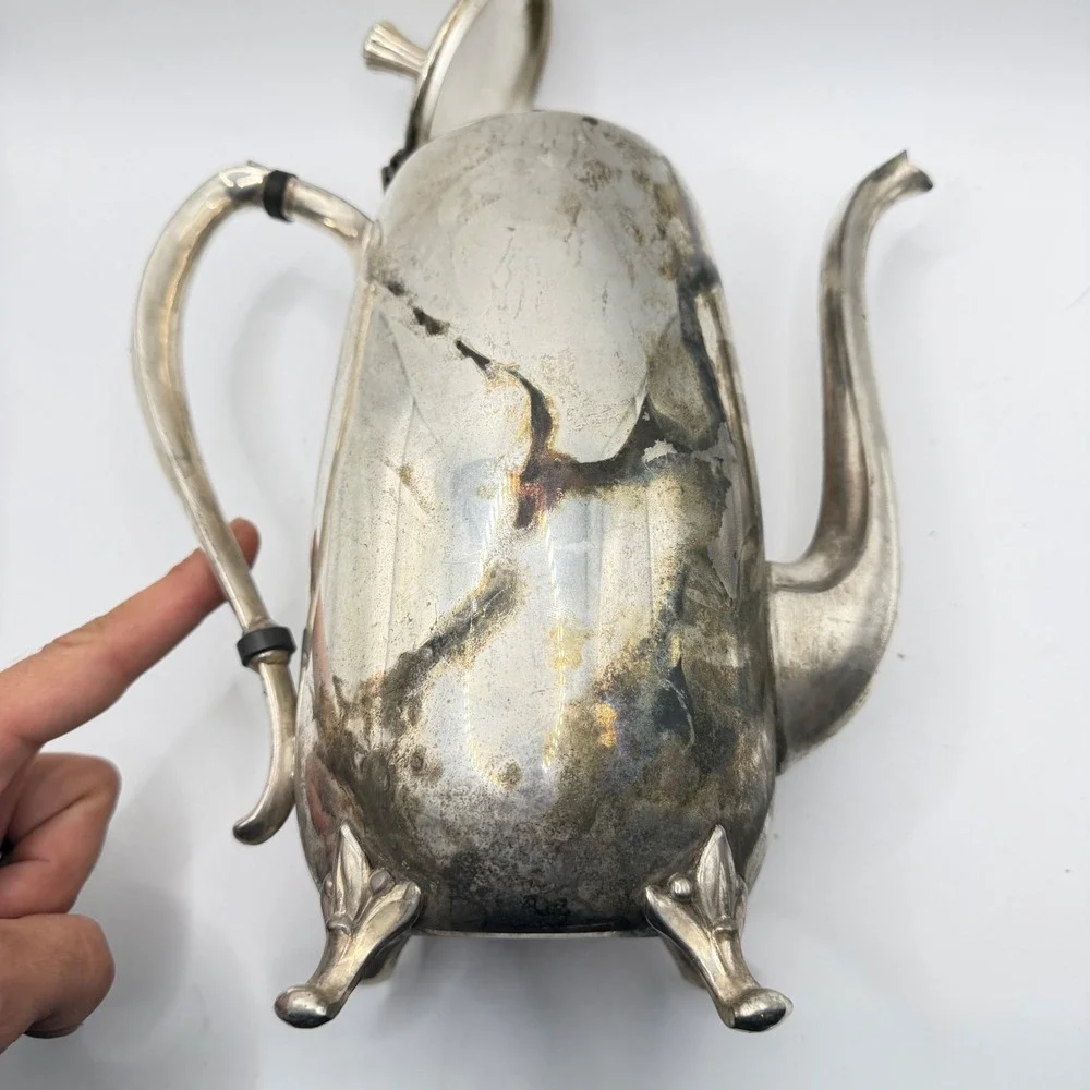 Vintage Silver Plated Coffee Pot‎ Footed Tea Pot Ornate Hinged Lid Tarnished